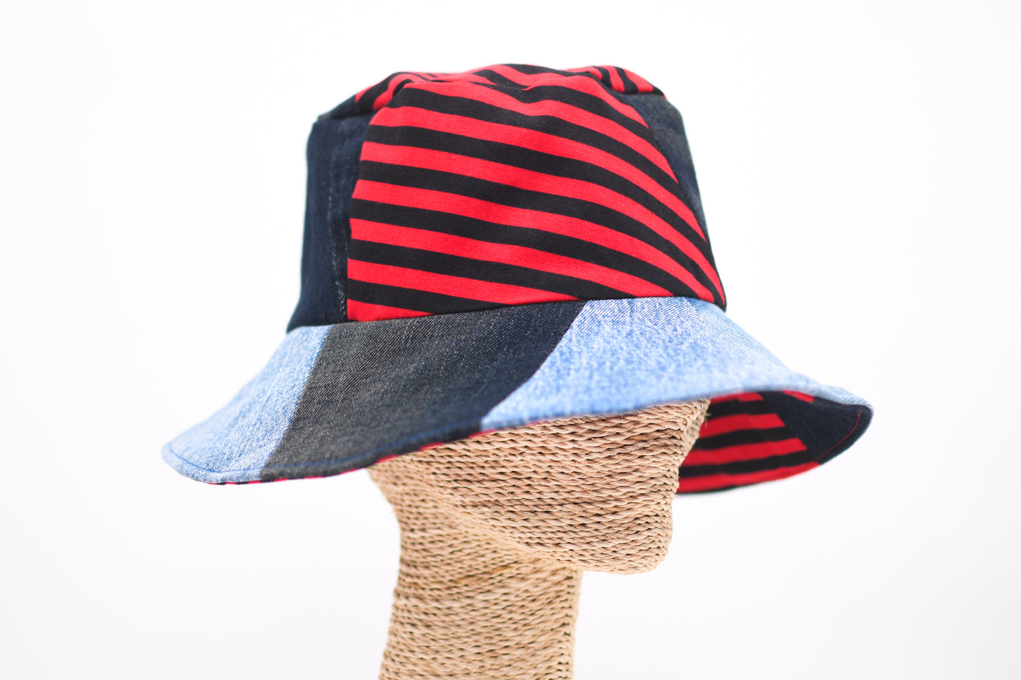 1 Of 1 4-Way-Wear Handmade Black Red Stripes And Denim Patchwork Bucket Hat One Size Only ONE Up To 23 Head Circumference