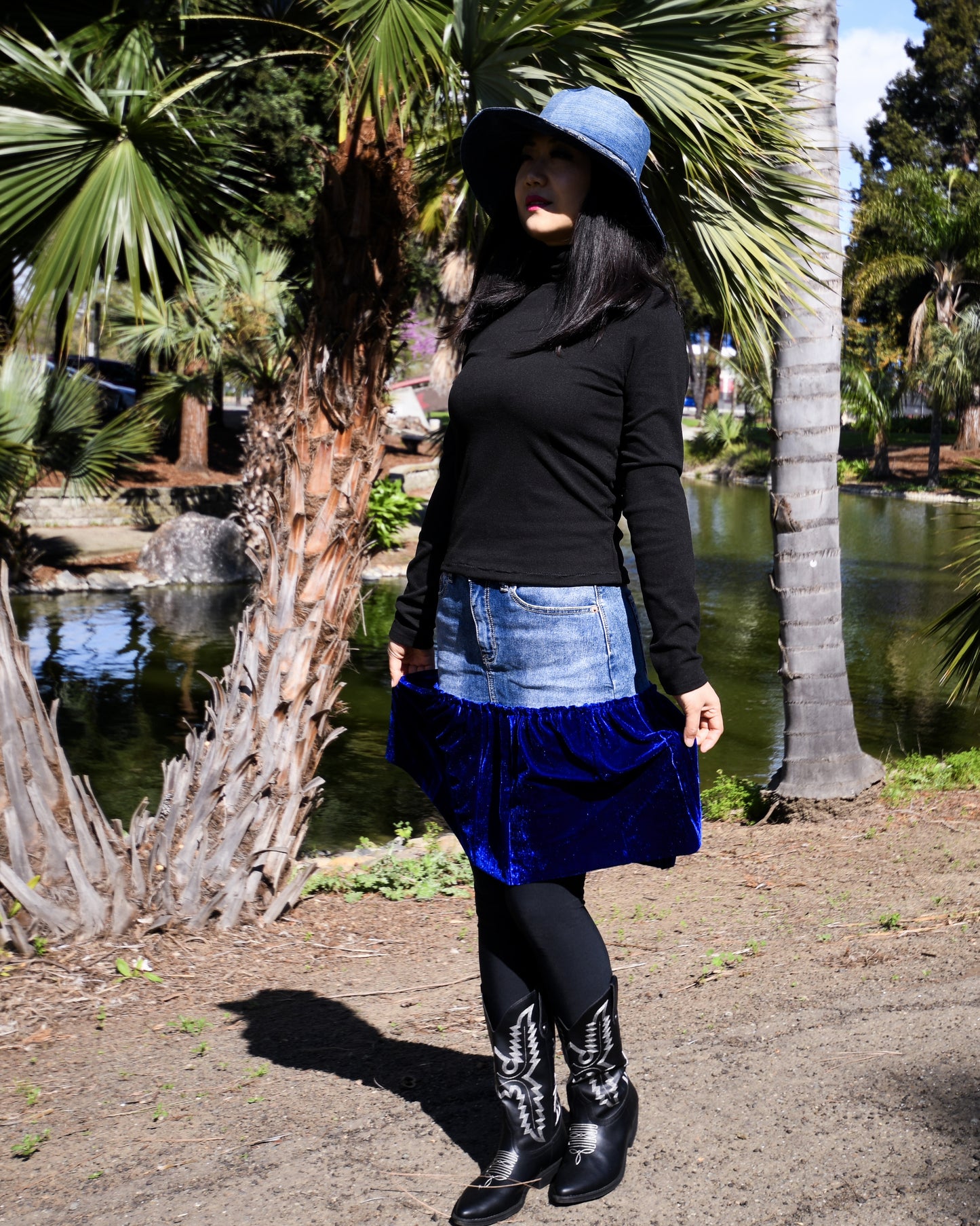 Handmade 1 Of 1 Upcycled Natural Blue Denim And Royal Blue Velvet Two-Section Gathered Short Skirt One Size Size Medium