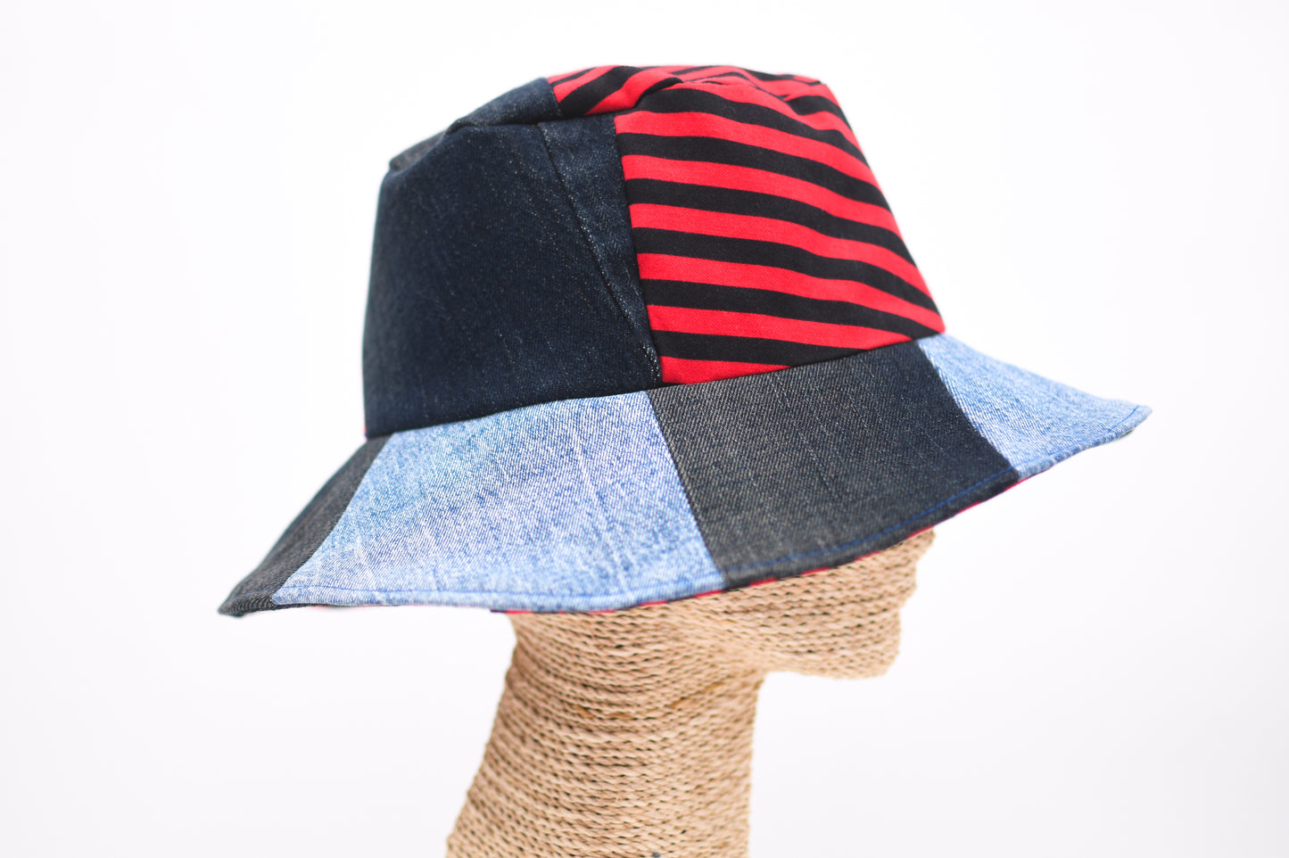 1 Of 1 4-Way-Wear Handmade Black Red Stripes And Denim Patchwork Bucket Hat One Size Only ONE Up To 23 Head Circumference