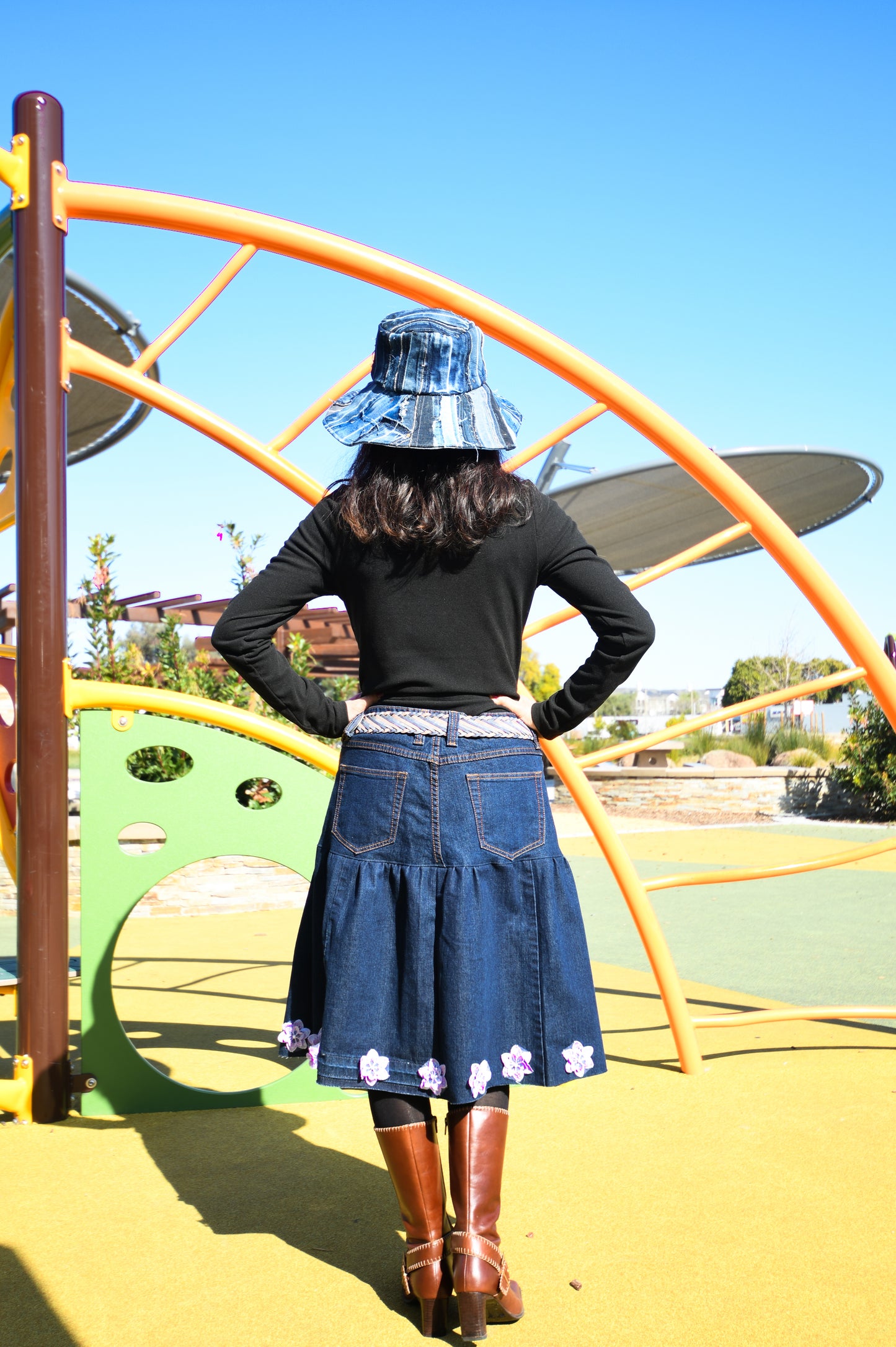 Handmade Navy Two-Section Gathered Denim Knee Length Skirt With Purple Flowers