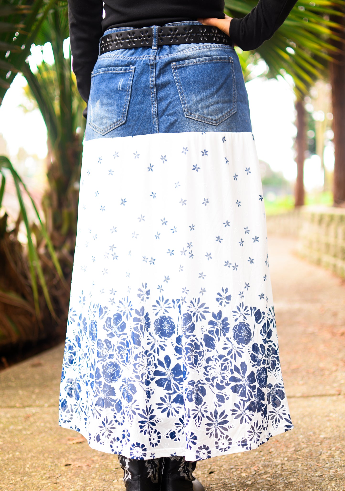 Handmade 1 Of 1 Porcelain Blue Floral Print Two Section Flowy Denim Long Skirt One Size Size Large Size XL