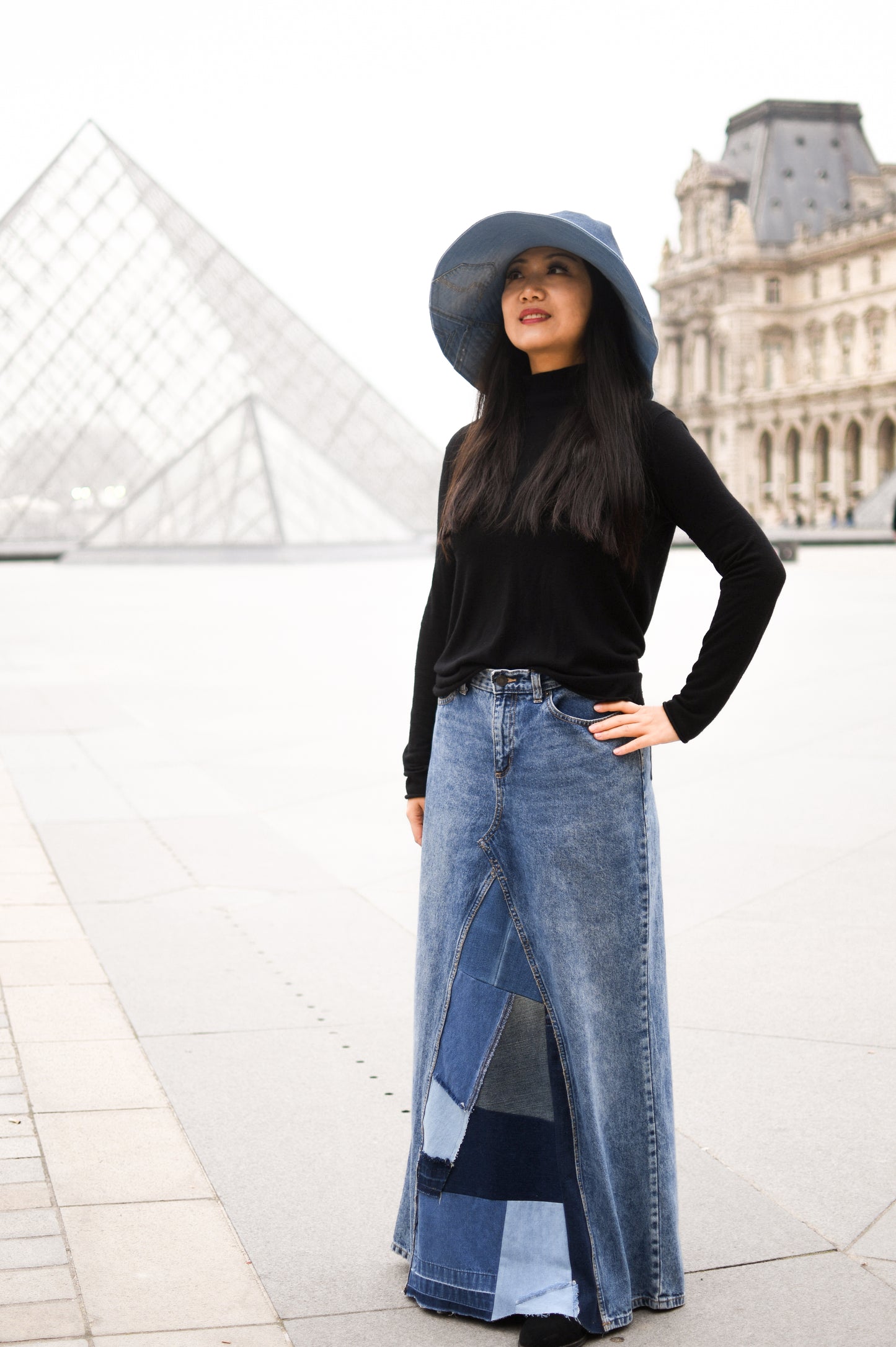 Handmade 1 Of 1 Upcycled Patchwork Triangle Denim Long Skirt With Only One One Size Small Size Medium