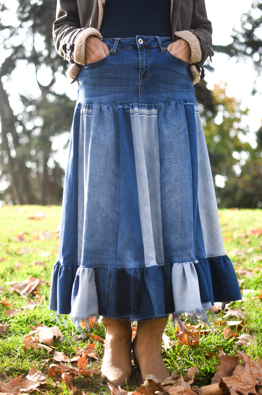 Handmade 1 Of 1 Upcycled Three Tier Patchwork Denim Long Skirt With Ruffle From Jeans Only One One Size Small Size Medium