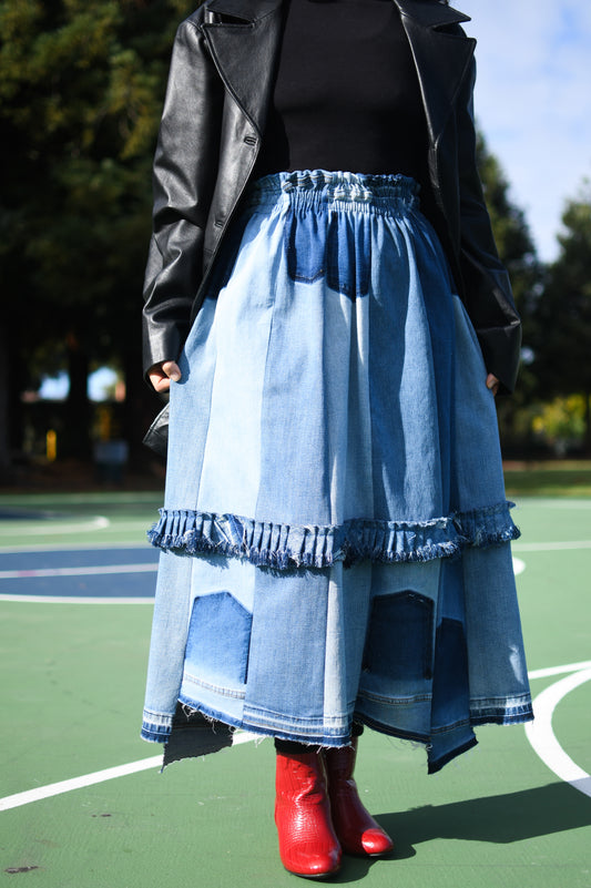 Handmade 1 Of 1 360 Degree Upcycled Denim Long Skirt With Ruffle In The Middle Elastic Waistband Only One One Size Small Medium Large XL XXL