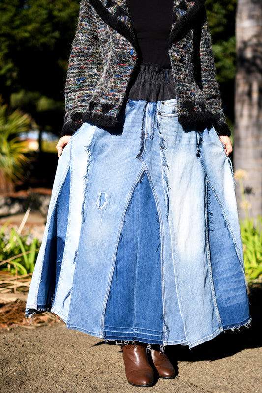 Handmade 1 Of 1 360 Degree Upcycled Denim Long Skirt From 5 Pairs of Jeans With Elastic Waistband Only One Size XS S Medium Large XL 1X 2X