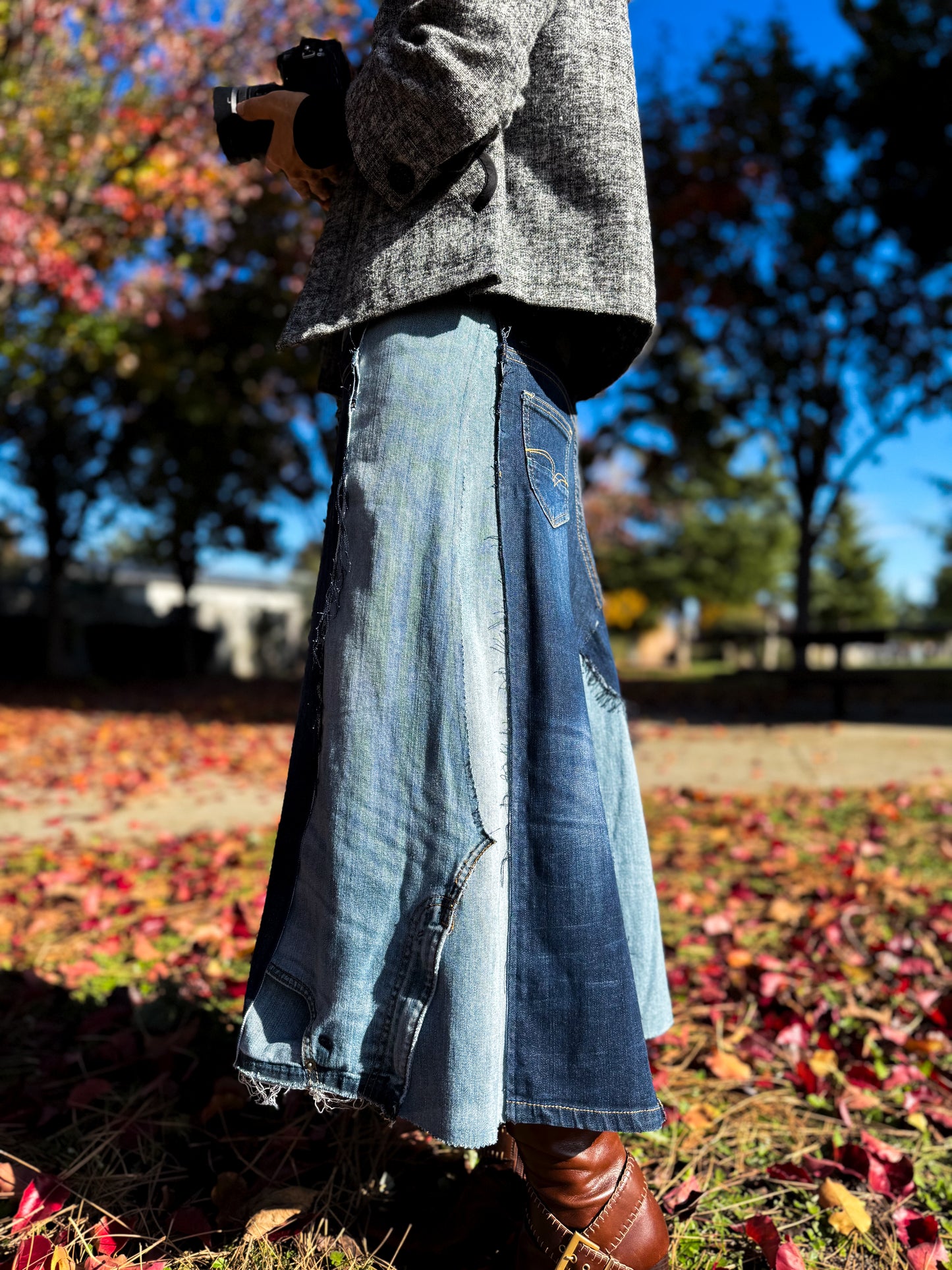 Handmade 1 Of 1 360 Degree Upcycled Two Tone Denim Calf Length Skirt From Kid Jeans With Elastic Waistband Only One Size XS, Small, Medium