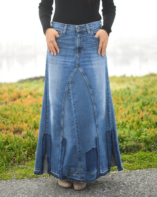 Handmade 1 Of 1 Upcycled Short Slit Denim Long Skirt With Ruffles Only ONE One Size Size Medium
