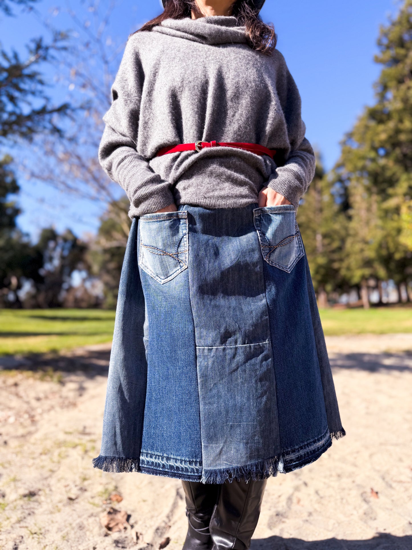 Handmade Upcycled Two-Shades Denim Patchwork A-Line Mid-Length Skirt W/ Elastic Waistband And Four Patch Pockets Size M L XL 0X 1X ALL Fit