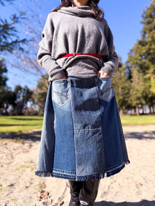 Handmade Upcycled Two-Shades Denim Patchwork A-Line Mid-Length Skirt W/ Elastic Waistband And Four Patch Pockets Size M L XL 0X 1X ALL Fit