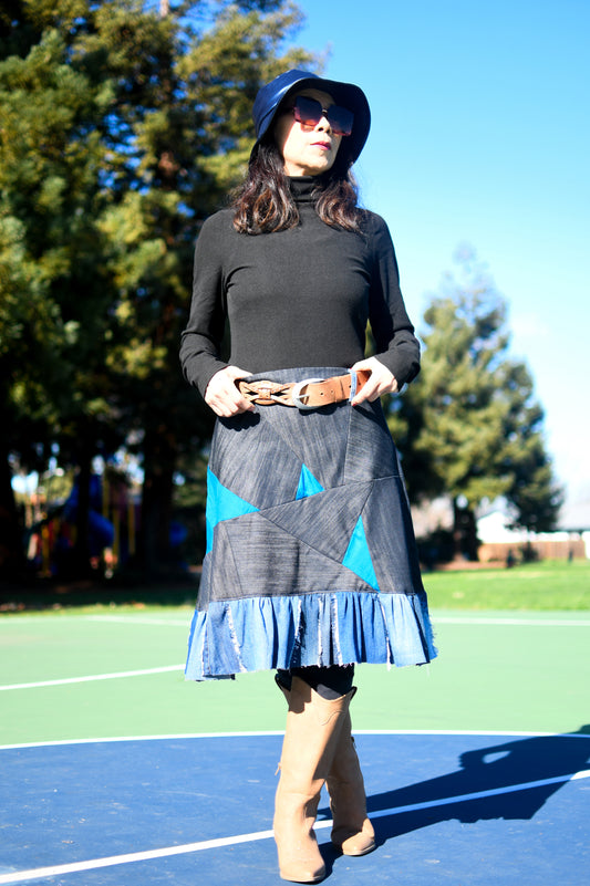 Handmade 1 Of 1 Upcycled Multi-Shade Denim Patchwork Two-Section Knee Length Skirt With Ruffle One Size Size Medium Size Large