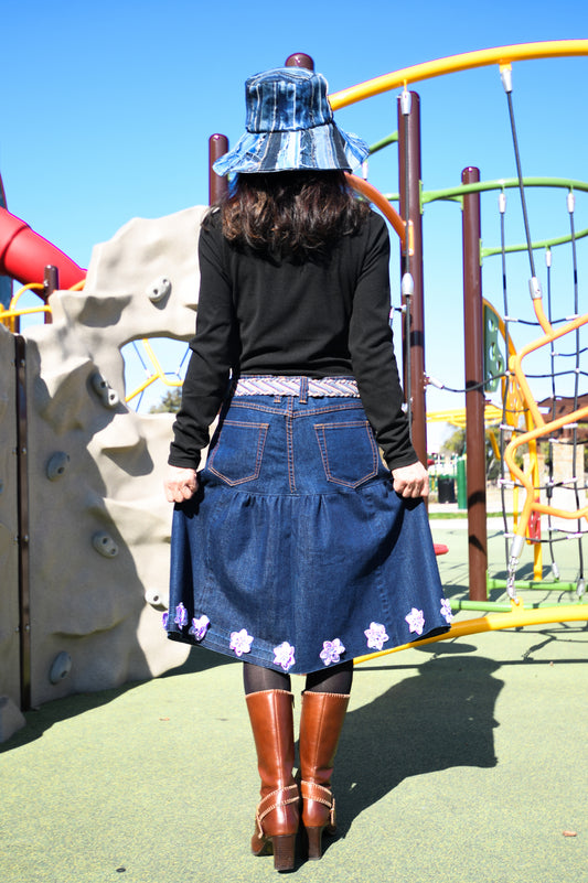 Handmade Navy Two-Section Gathered Denim Knee Length Skirt With Purple Flowers