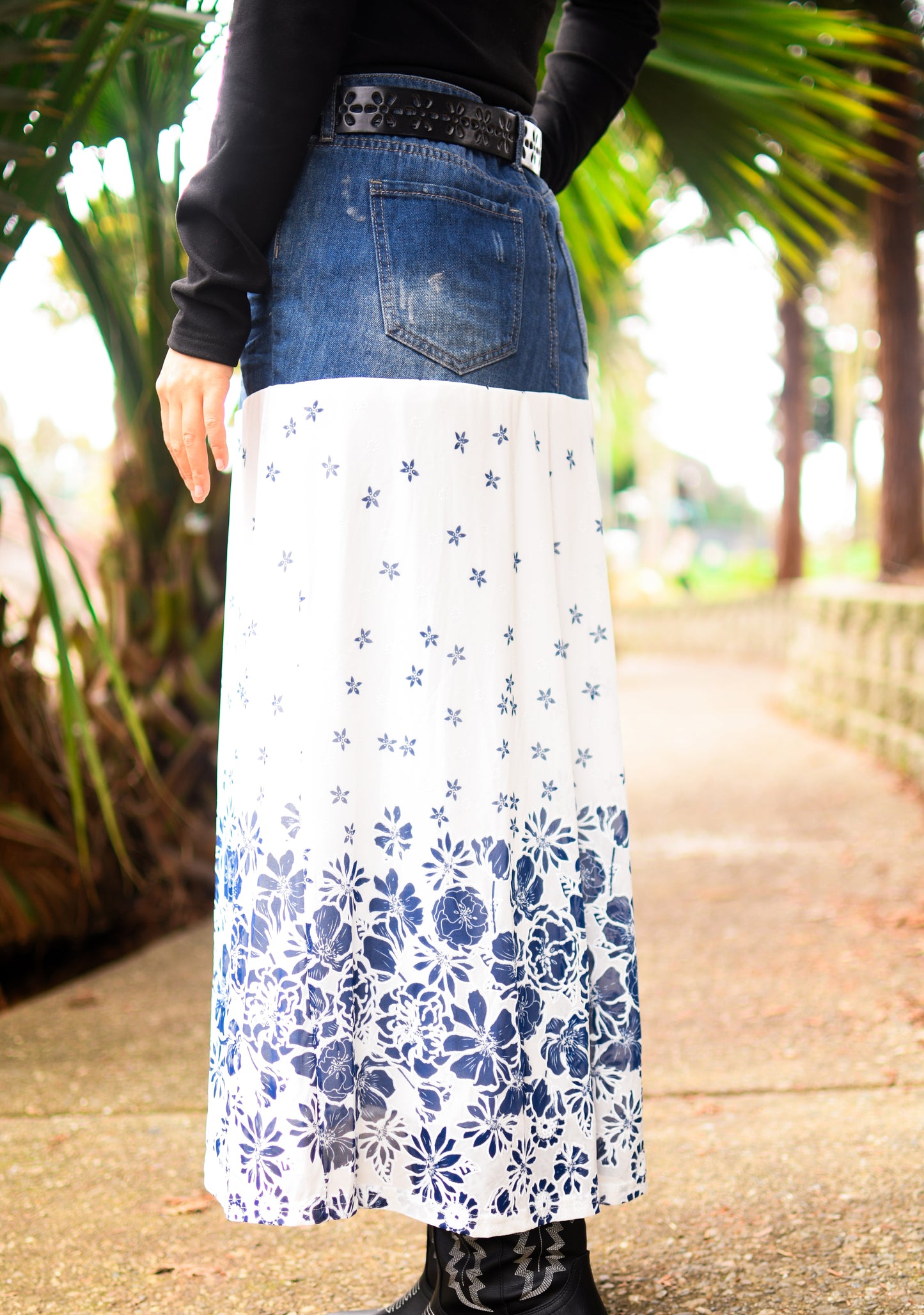 Handmade 1 Of 1 Porcelain Blue Floral Print Two Section Flowy Denim Long Skirt One Size Size Large Size XL