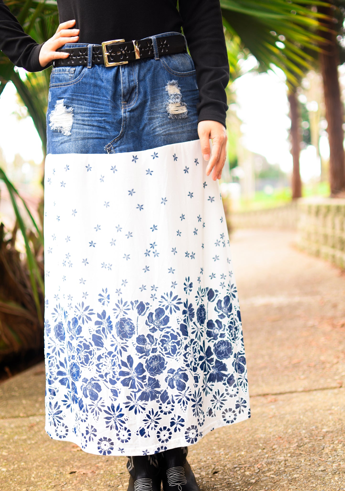 Handmade 1 Of 1 Porcelain Blue Floral Print Two Section Flowy Denim Long Skirt One Size Size Large Size XL