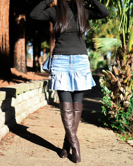Handmade Upcycled Distressed Two-Section Light Blue Gathered Denim Short Skirt Size Medium