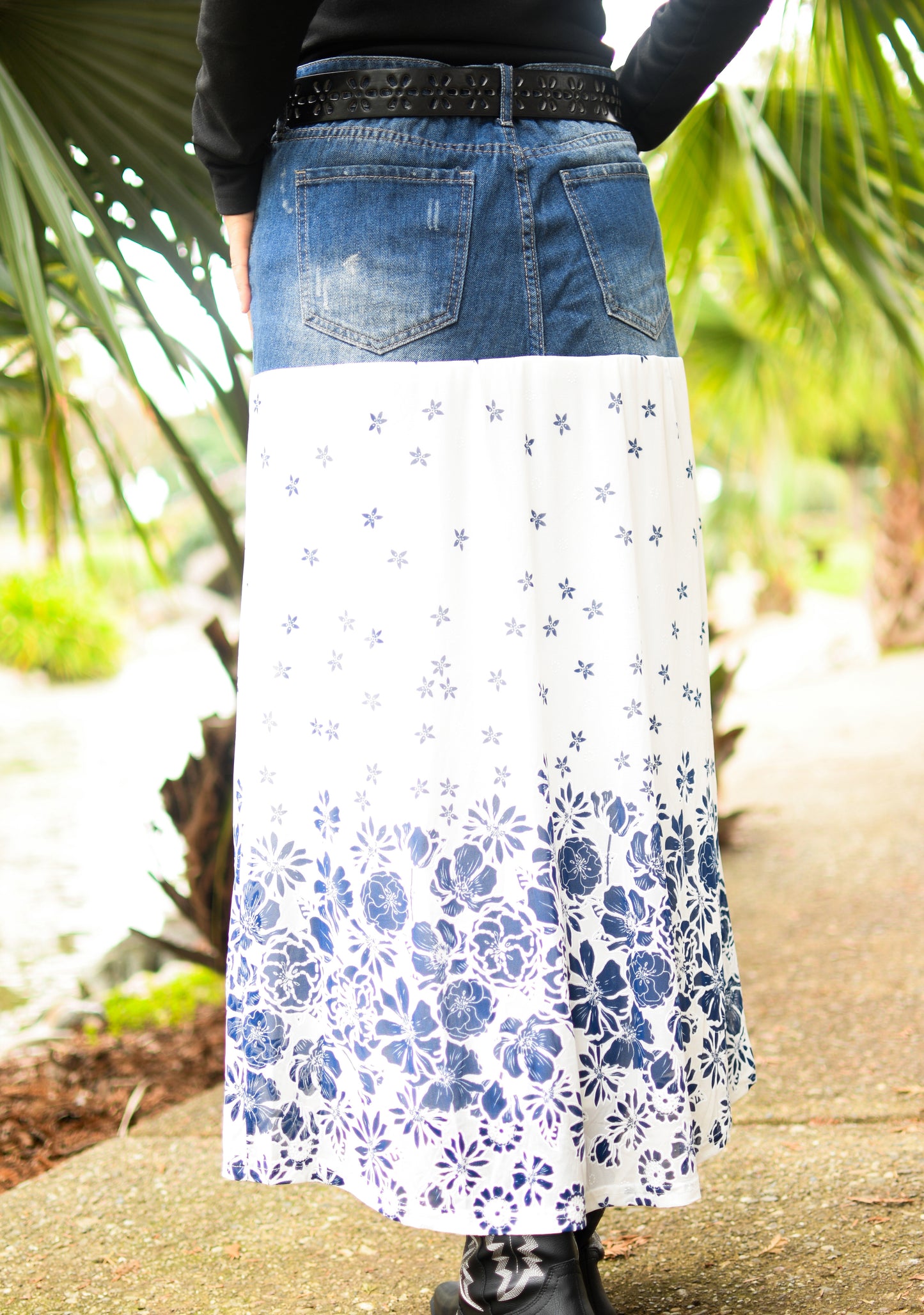Handmade 1 Of 1 Porcelain Blue Floral Print Two Section Flowy Denim Long Skirt One Size Size Large Size XL