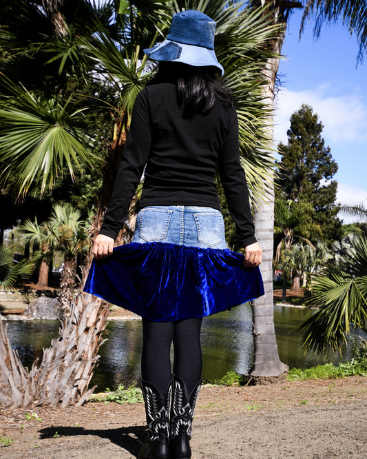 Handmade 1 Of 1 Upcycled Natural Blue Denim And Royal Blue Velvet Two-Section Gathered Short Skirt One Size Size Medium