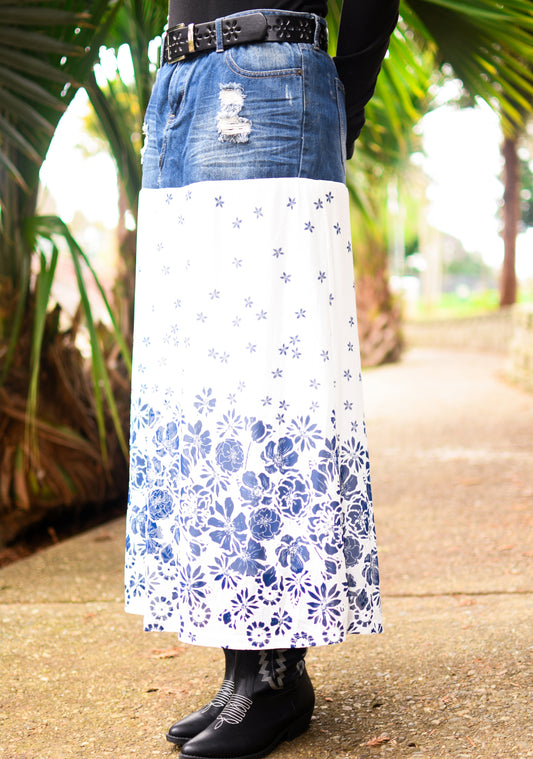 Handmade 1 Of 1 Porcelain Blue Floral Print Two Section Flowy Denim Long Skirt One Size Size Large Size XL