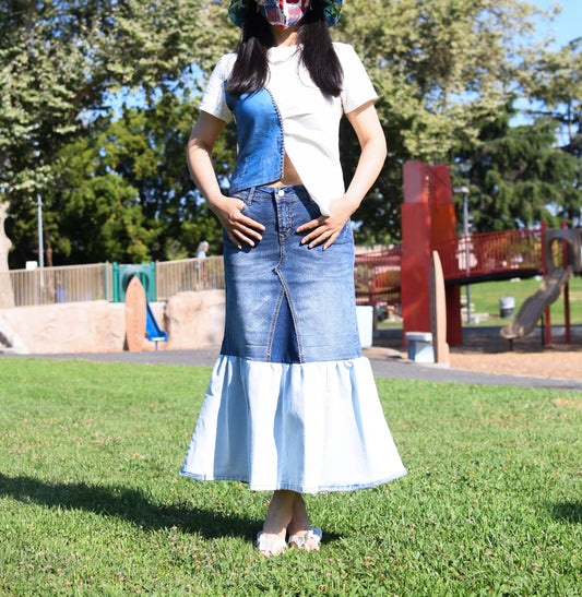 Handmade Upcycled Two-layered Contrast Color Denim Gathered Long Skirt With Pockets Only One Size 29 Size Small Size Medium