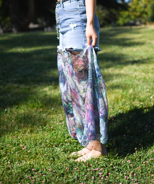 Handmade Upcycled Floral Print Chiffon Denim Skirt With Four Original Denim Shorts Pockets ONLY One Size Small Size Medium Size 7