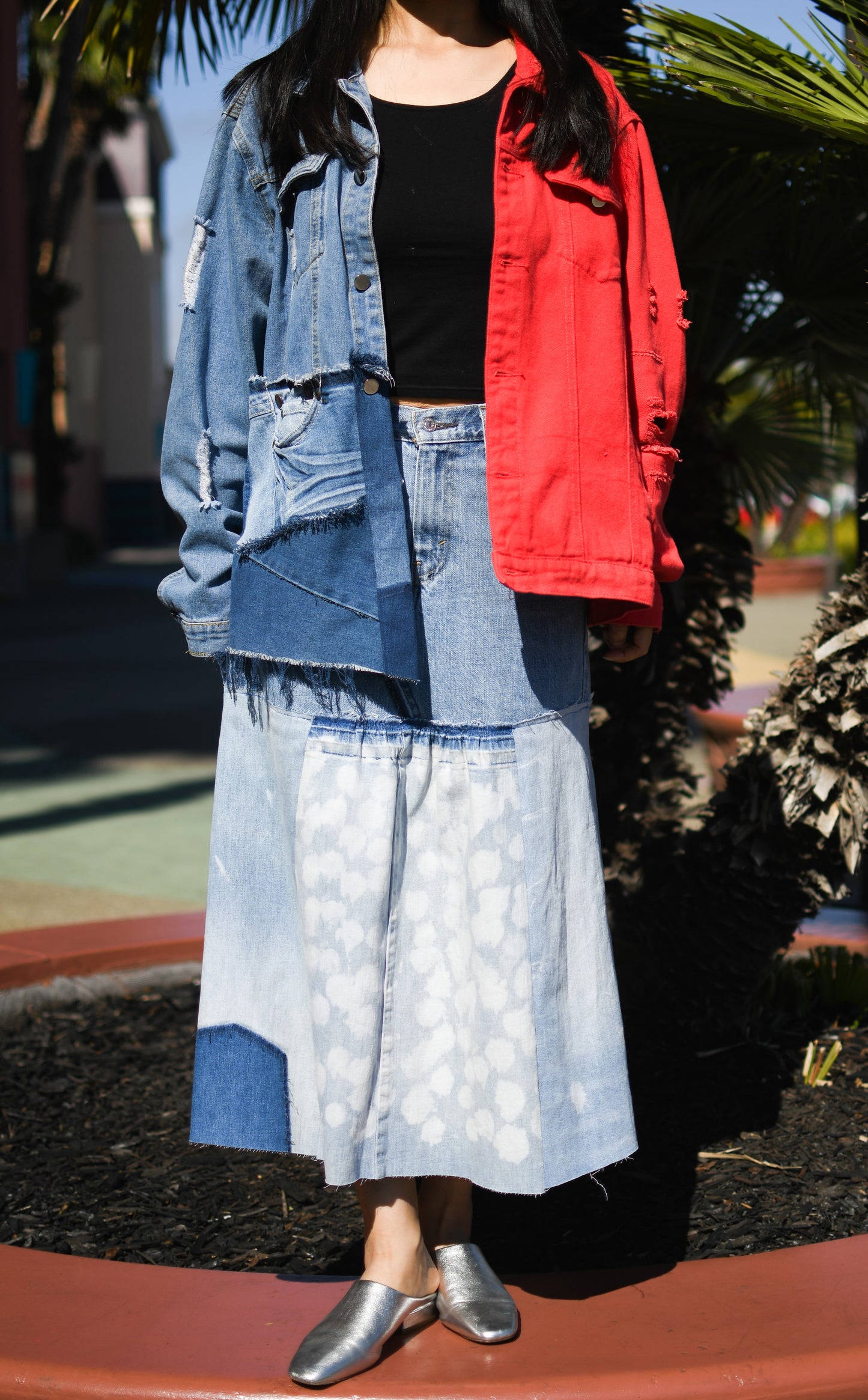 Handmade 1 Of 1 Upcycled White Speckles Denim Long With Area Gathers Only ONE Size Medium Size Large Jeans Size 29