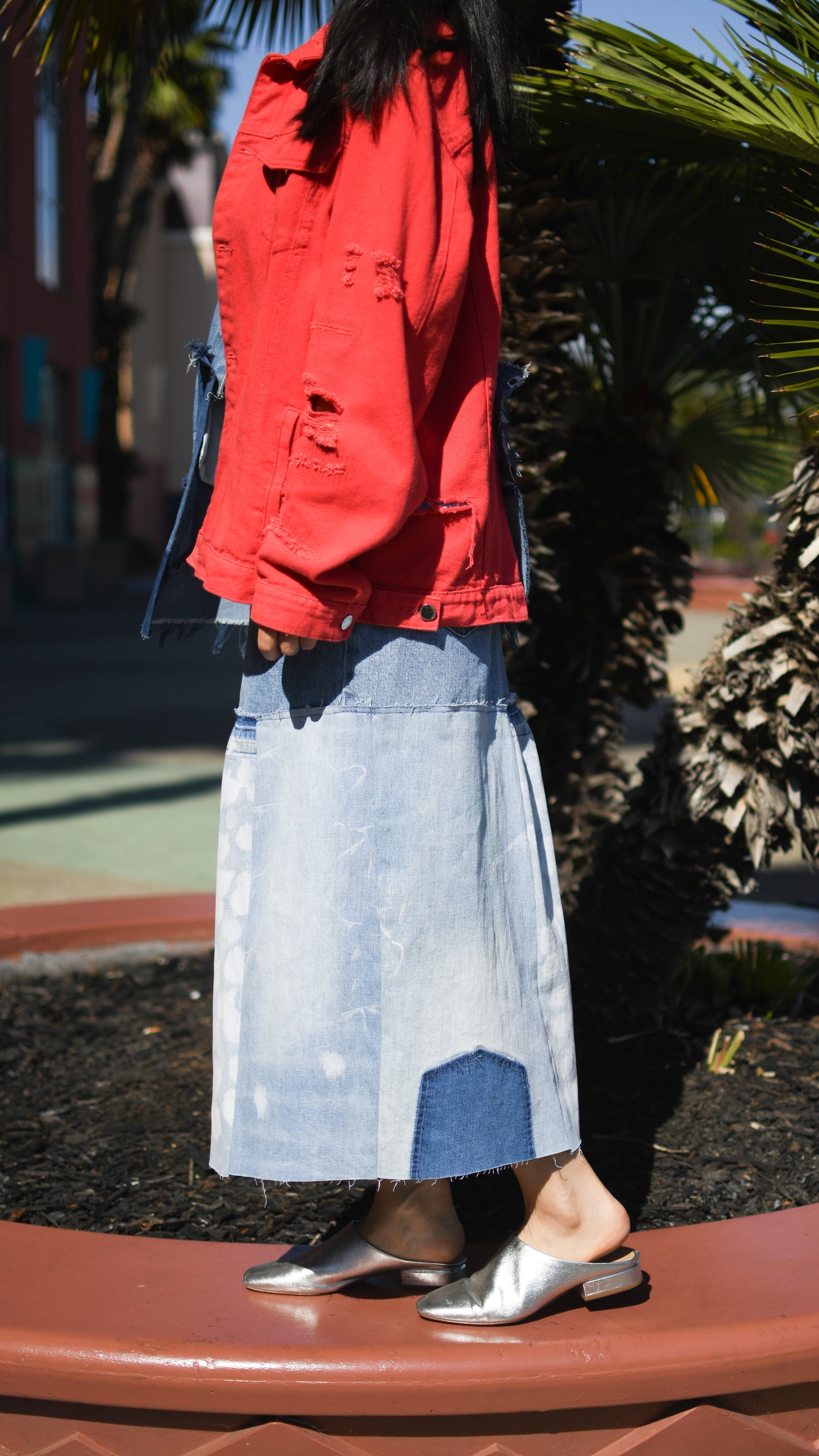 Handmade 1 Of 1 Upcycled White Speckles Denim Long With Area Gathers Only ONE Size Medium Size Large Jeans Size 29
