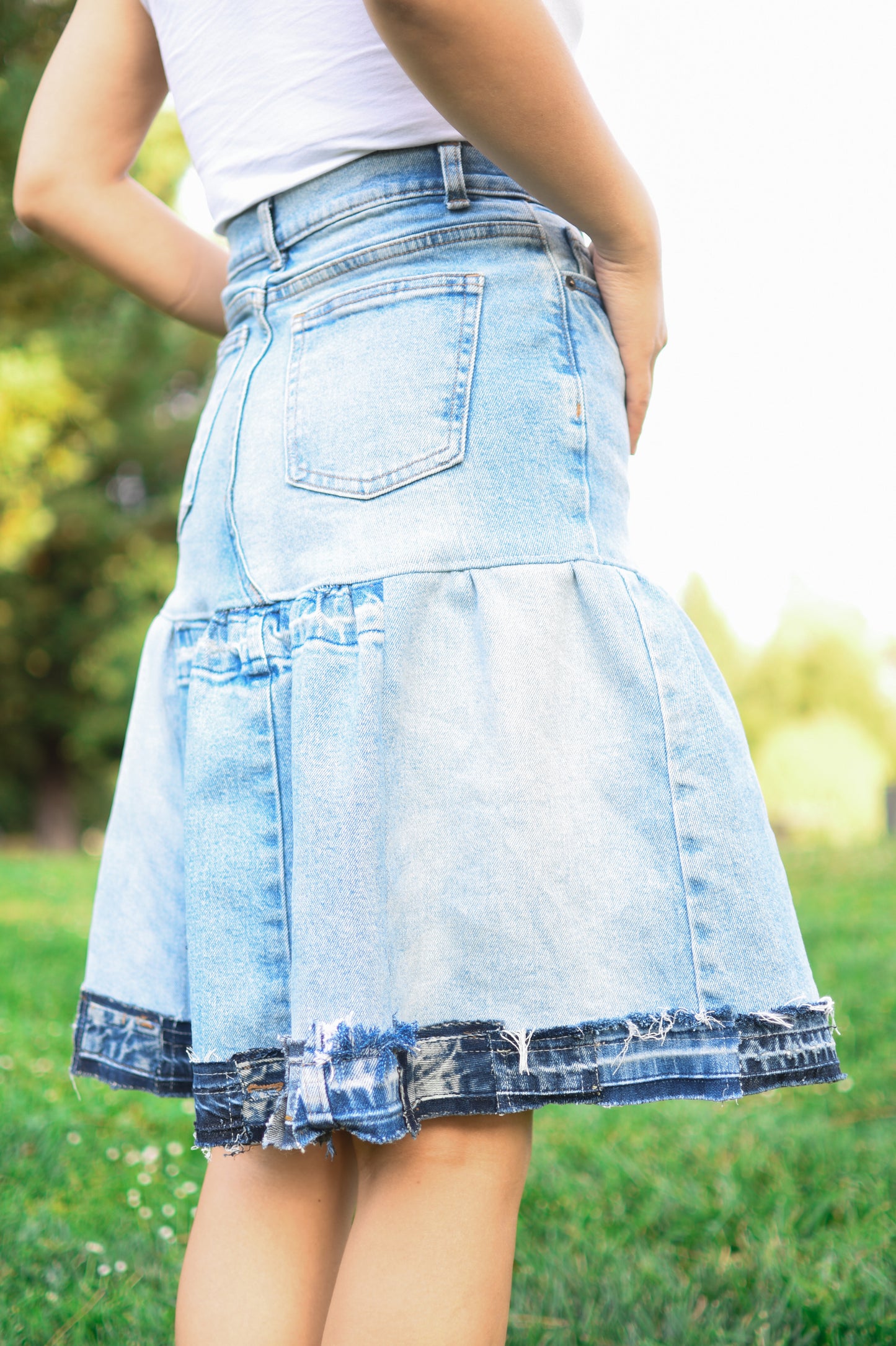 Handmade Two Section Gathered Knee Length Denim Skirt Upcycled Size Small From Levi's Crop Jeans