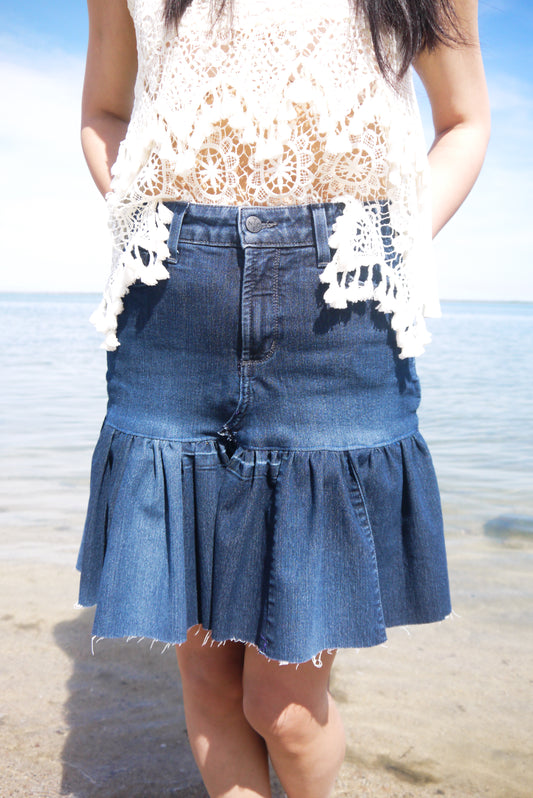 Handmade Upcycled Two Sectioned Navy Color Gathered Denim Short Skirt Size Small