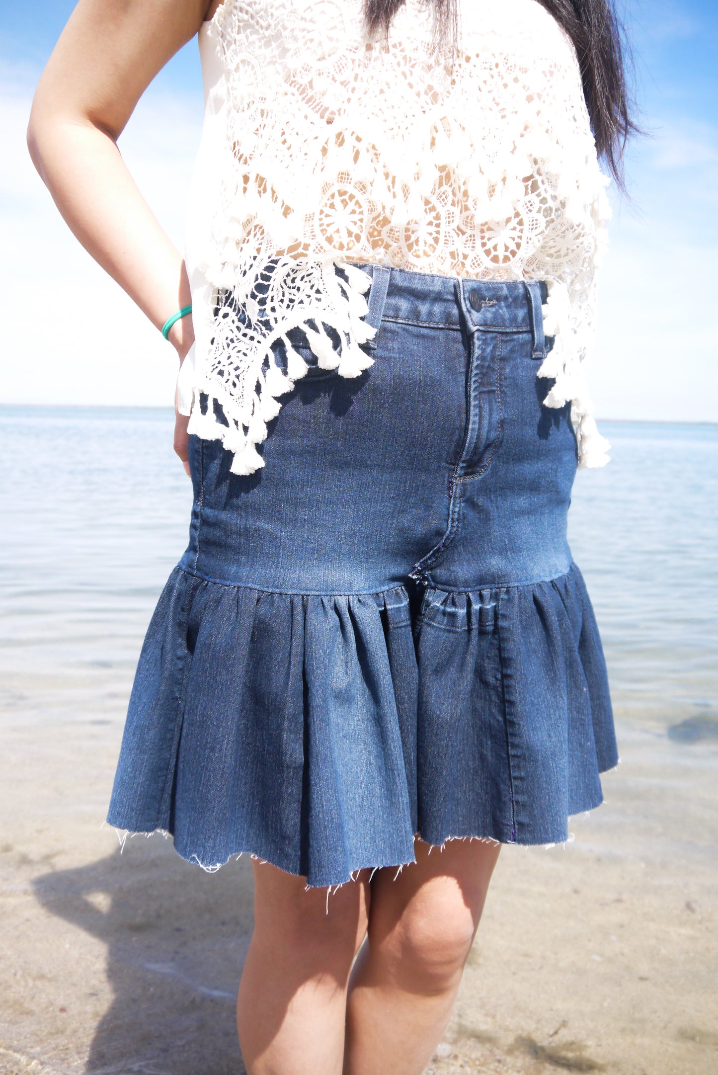Handmade Upcycled Two Sectioned Navy Color Gathered Denim Short Skirt Size Small