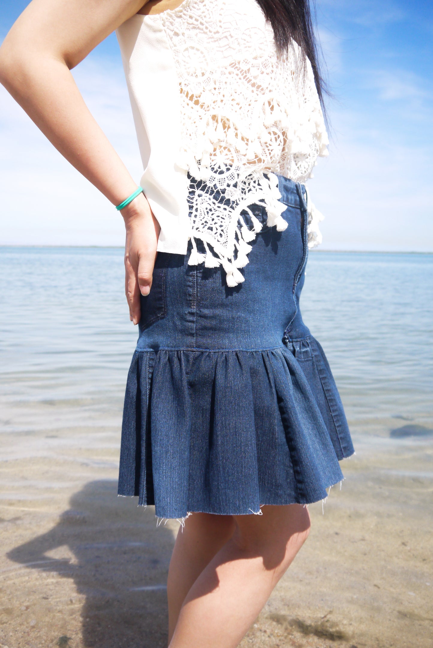 Handmade Upcycled Two Sectioned Navy Color Gathered Denim Short Skirt Size Small