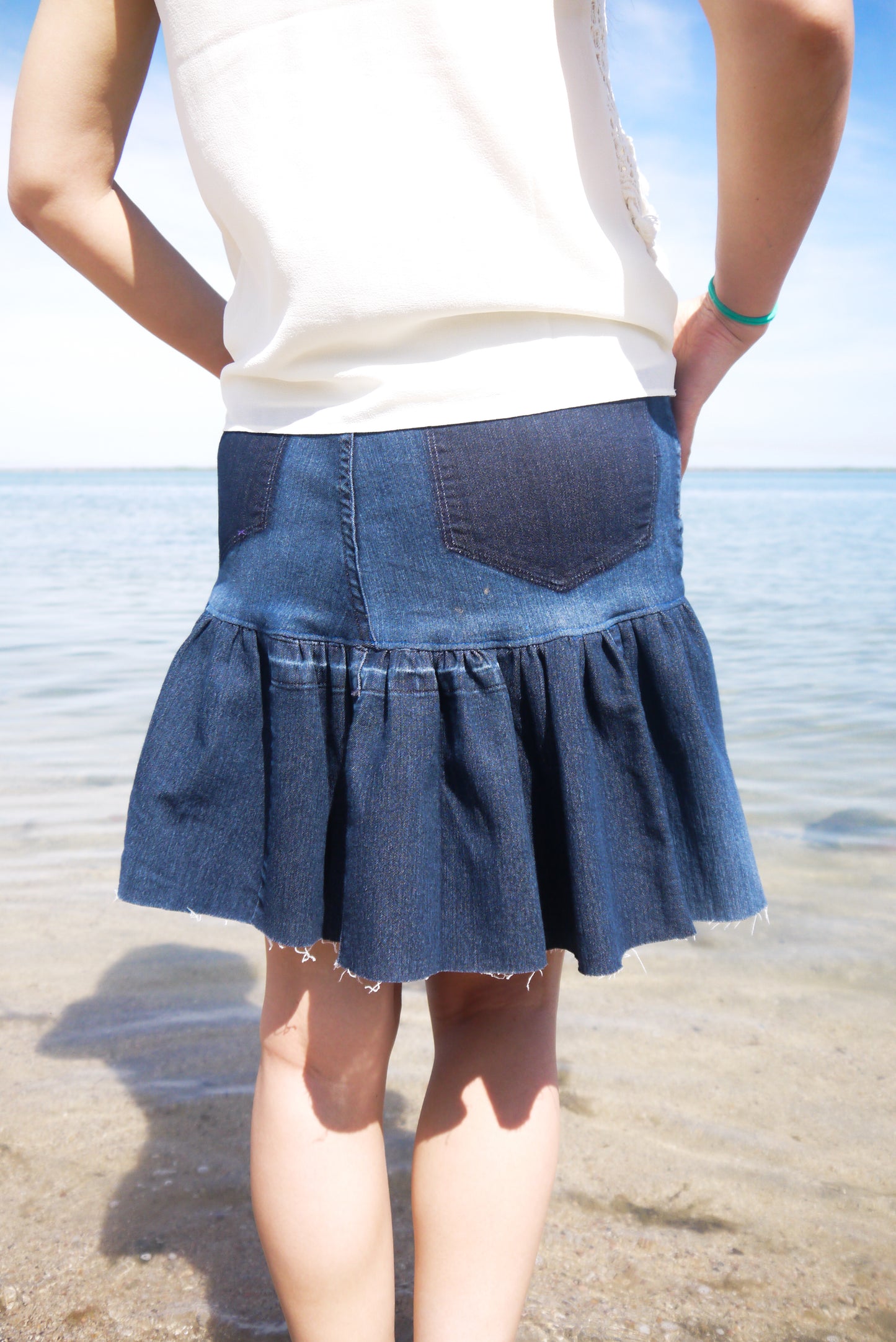 Handmade Upcycled Two Sectioned Navy Color Gathered Denim Short Skirt Size Small