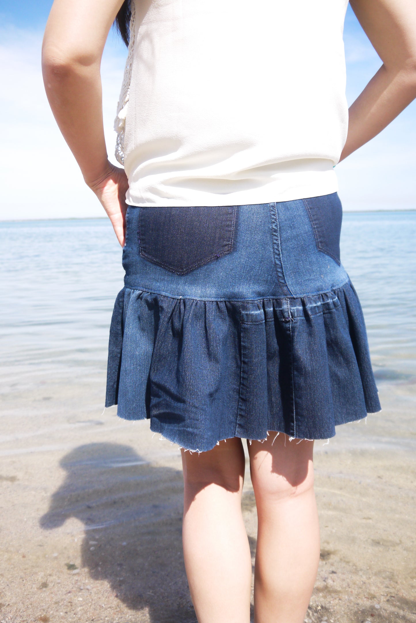 Handmade Upcycled Two Sectioned Navy Color Gathered Denim Short Skirt Size Small