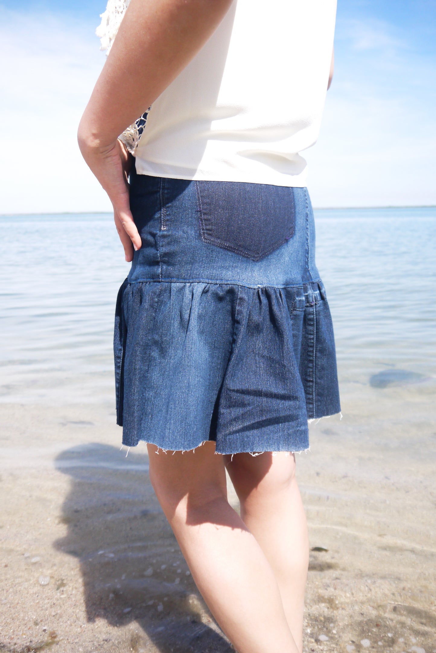 Handmade Upcycled Two Sectioned Navy Color Gathered Denim Short Skirt Size Small