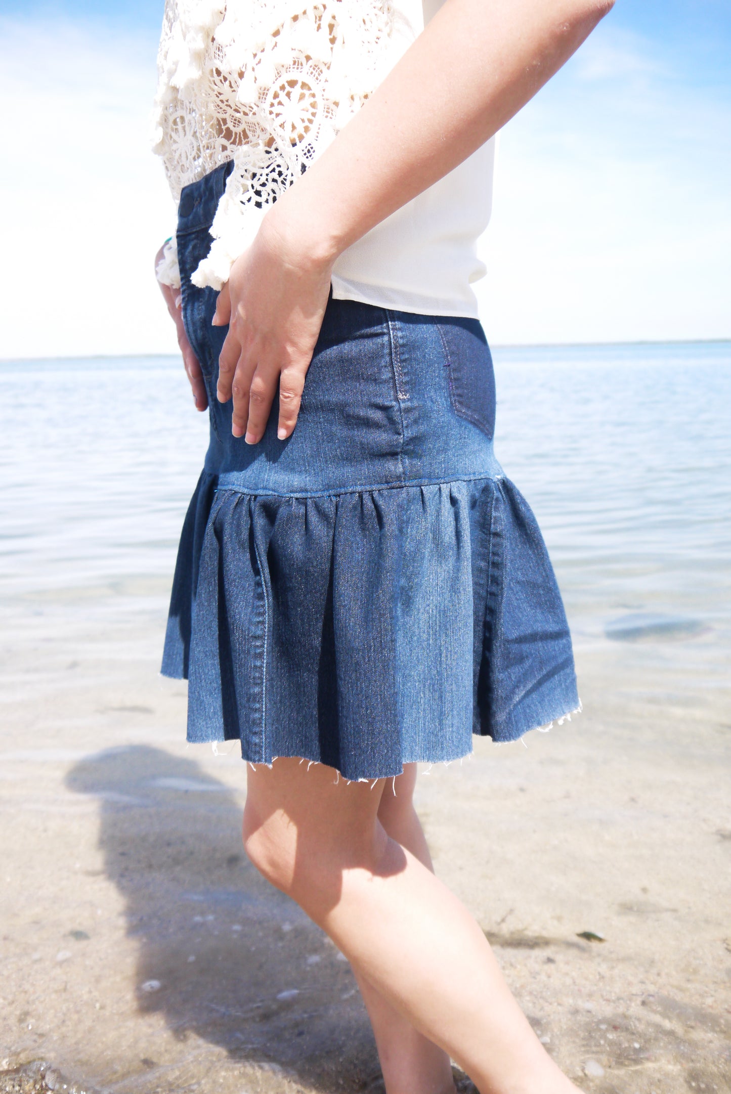 Handmade Upcycled Two Sectioned Navy Color Gathered Denim Short Skirt Size Small