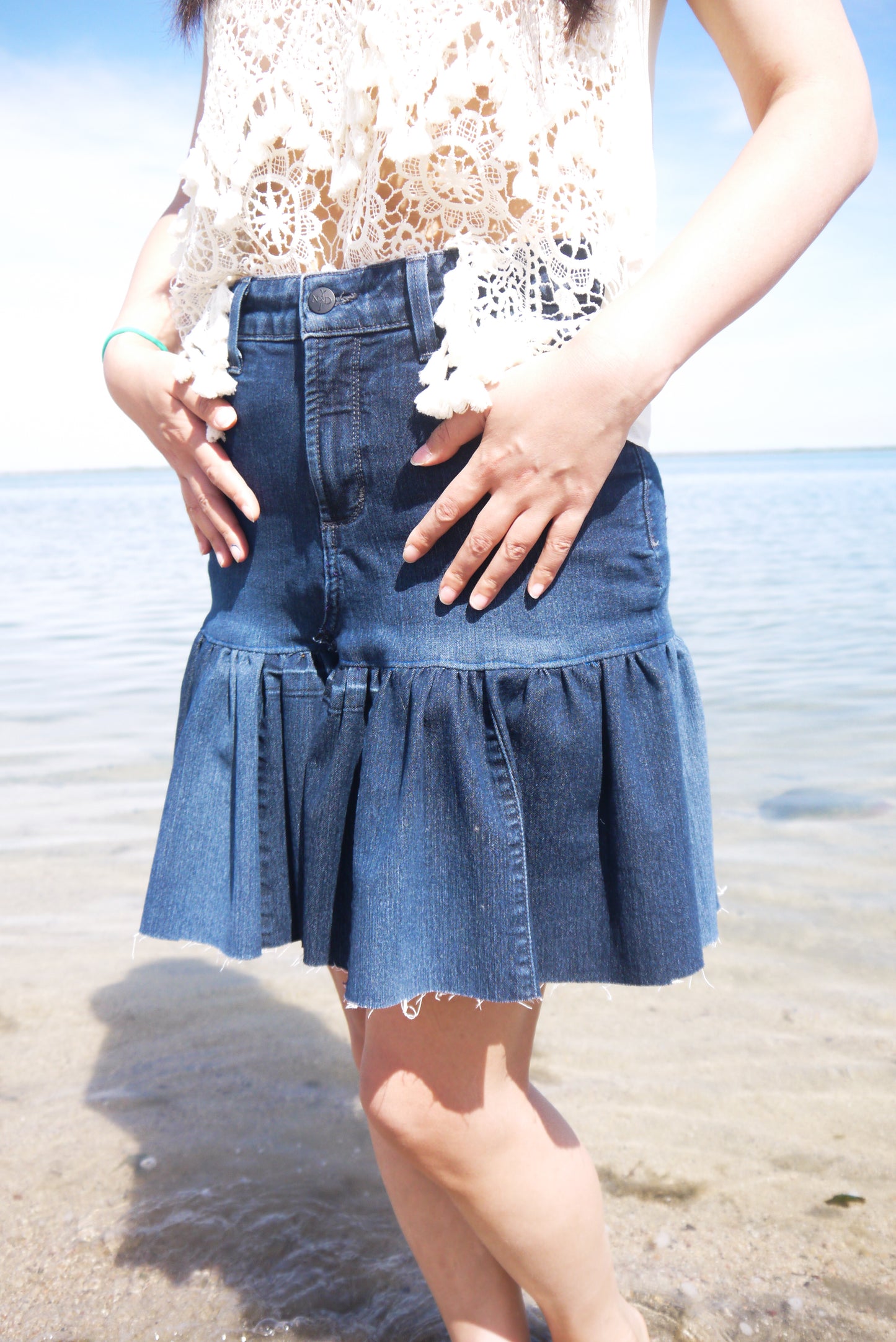 Handmade Upcycled Two Sectioned Navy Color Gathered Denim Short Skirt Size Small
