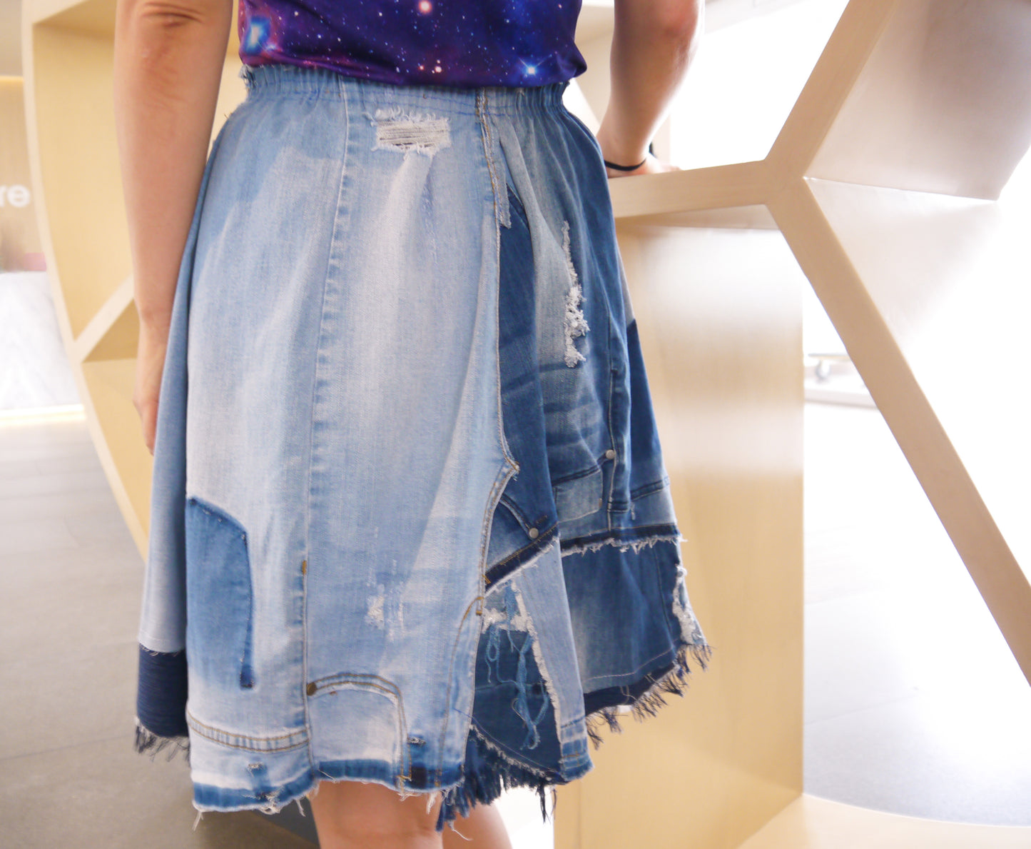 Handmade Upcycled Multi-Shades Denim Patchwork A-Line Short Skirt W/ Elastic Waistband And Two Patch Pockets XS S M L XL 0X 1X ALL Fit