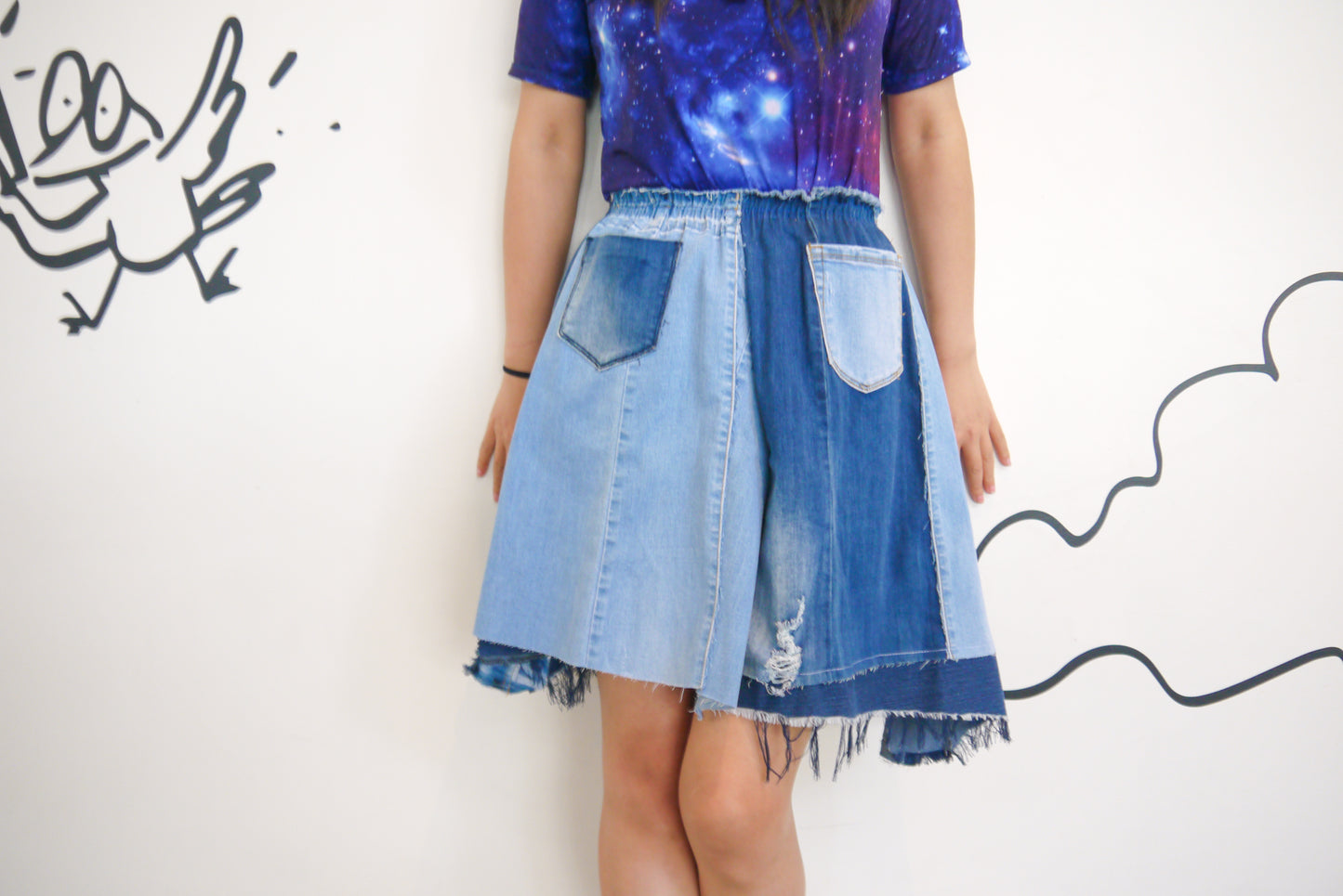 Handmade Upcycled Multi-Shades Denim Patchwork A-Line Short Skirt W/ Elastic Waistband And Two Patch Pockets XS S M L XL 0X 1X ALL Fit