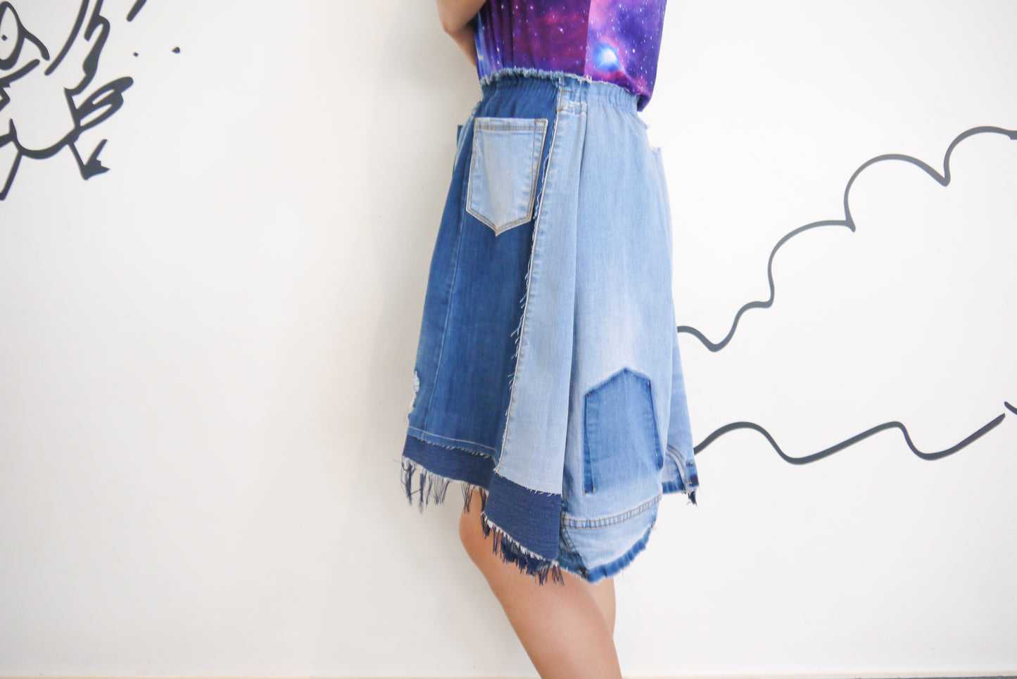 Handmade Upcycled Multi-Shades Denim Patchwork A-Line Short Skirt W/ Elastic Waistband And Two Patch Pockets XS S M L XL 0X 1X ALL Fit