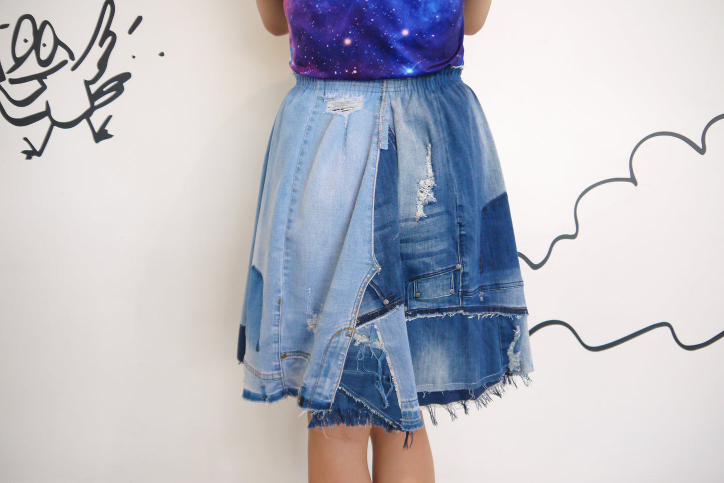 Handmade Upcycled Multi-Shades Denim Patchwork A-Line Short Skirt W/ Elastic Waistband And Two Patch Pockets XS S M L XL 0X 1X ALL Fit