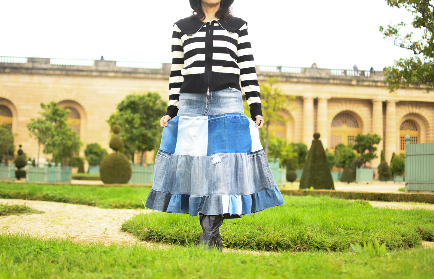1 of 1 Four-Tier Upcycled Multi-Tone Denim Gathered Long Skirt With One Tier Denim Ruffle Size XS Size S