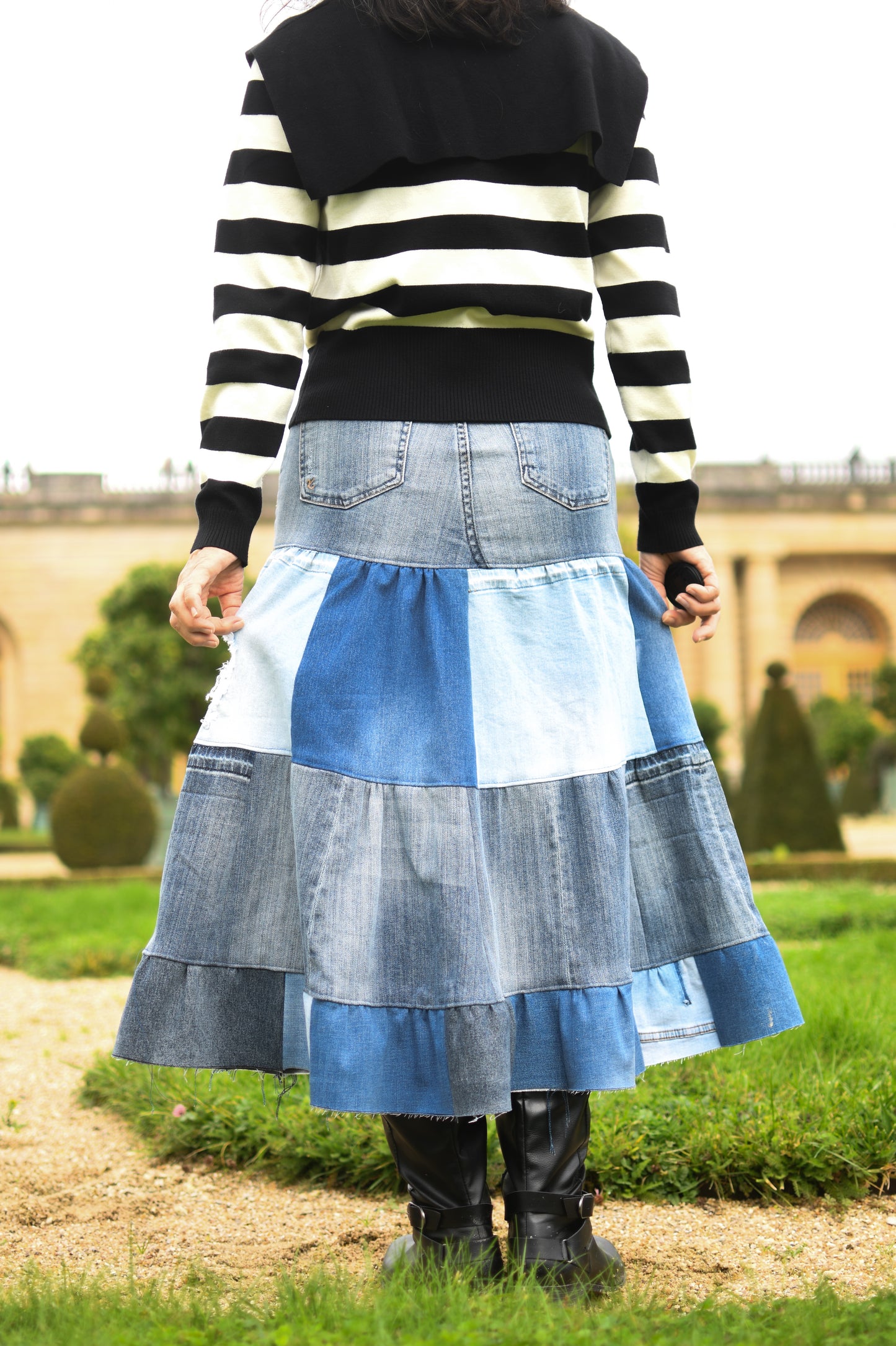 1 of 1 Four-Tier Upcycled Multi-Tone Denim Gathered Long Skirt With One Tier Denim Ruffle Size XS Size S
