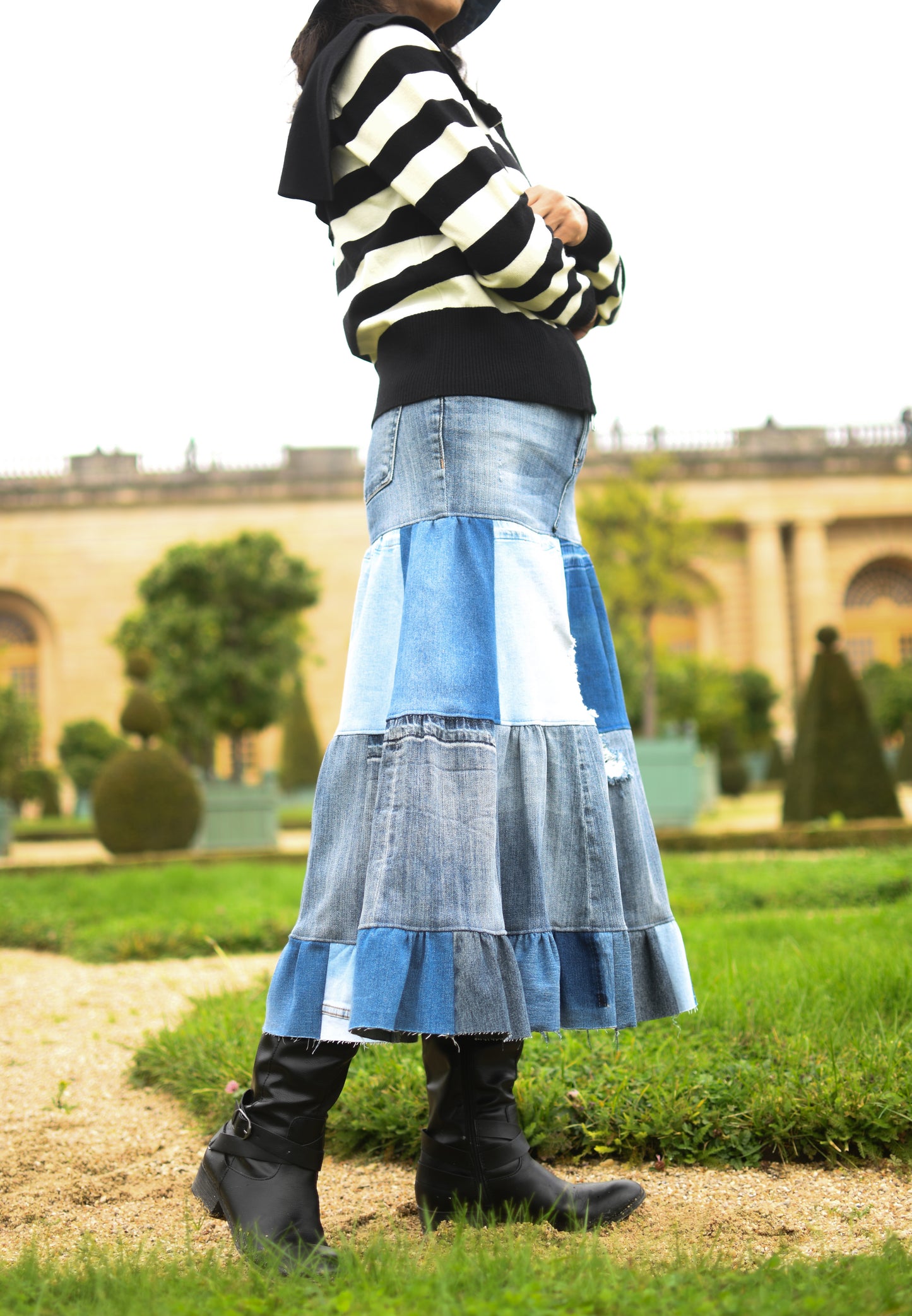 1 of 1 Four-Tier Upcycled Multi-Tone Denim Gathered Long Skirt With One Tier Denim Ruffle Size XS Size S