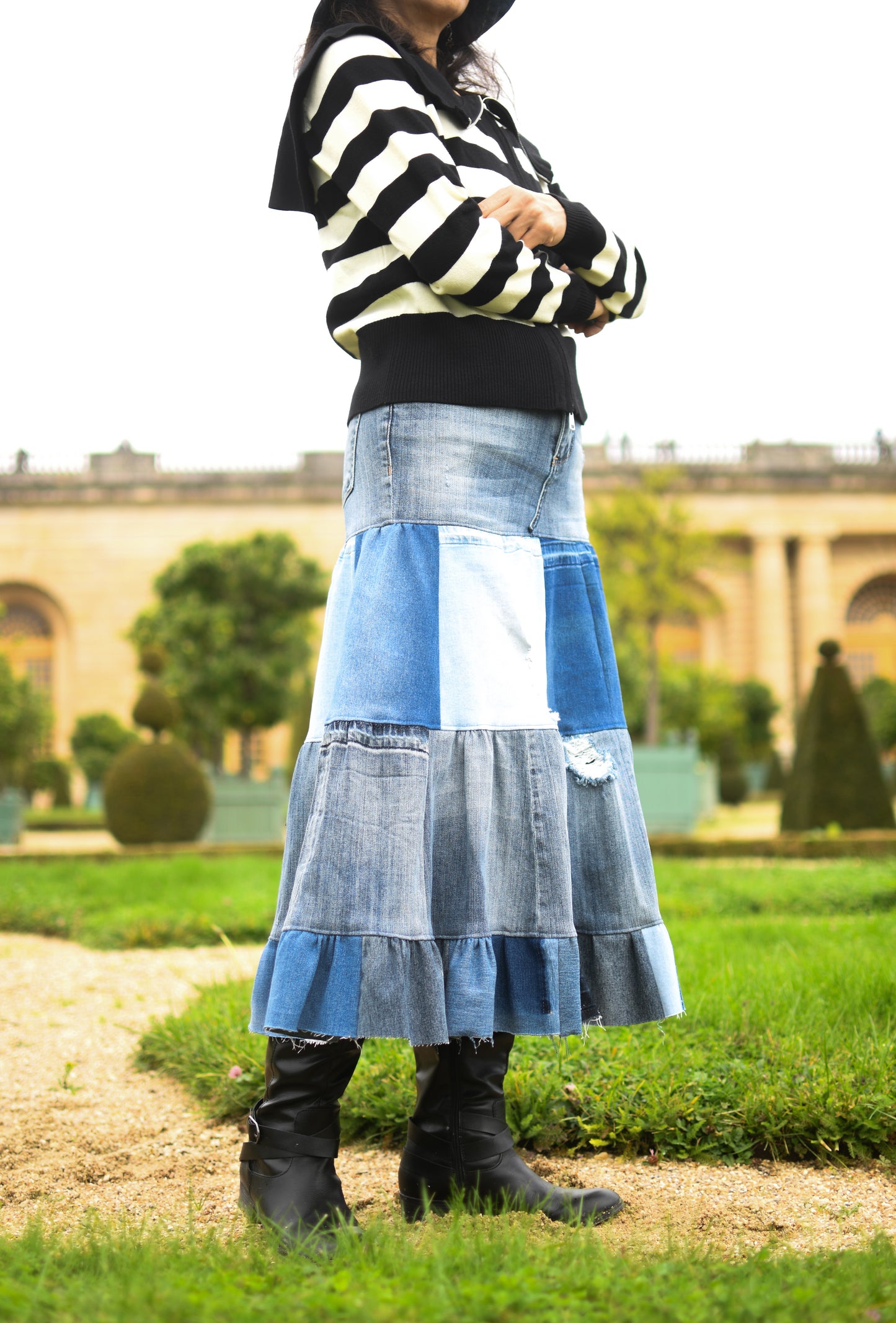 1 of 1 Four-Tier Upcycled Multi-Tone Denim Gathered Long Skirt With One Tier Denim Ruffle Size XS Size S