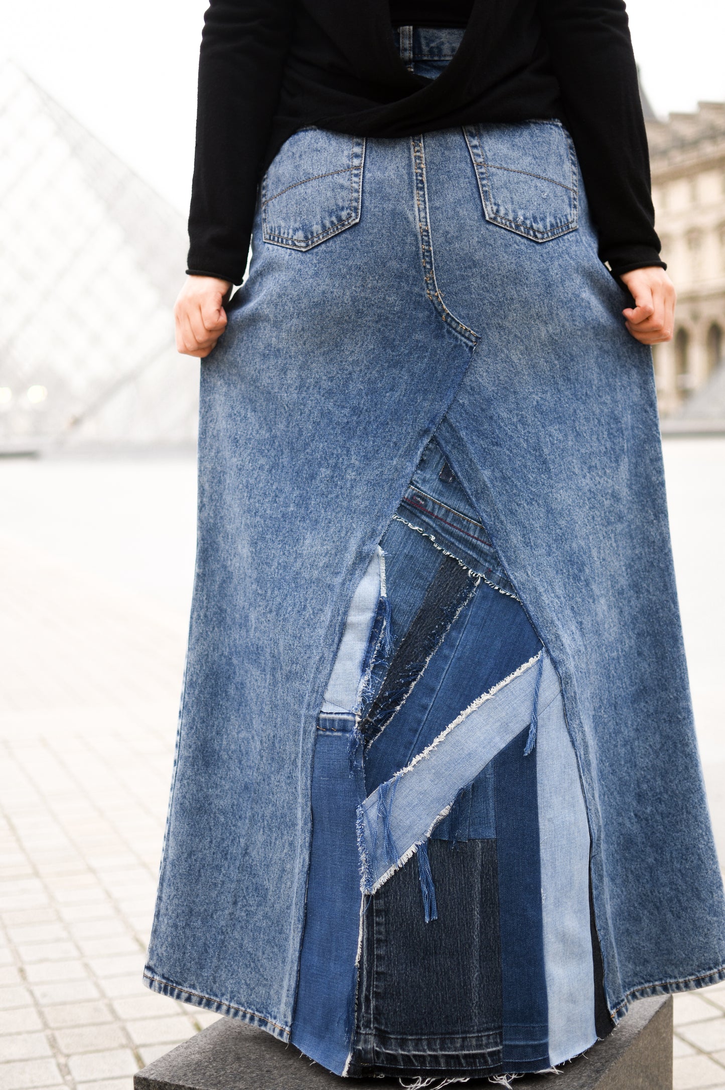 Handmade 1 Of 1 Upcycled Patchwork Triangle Denim Long Skirt With Only One One Size Small Size Medium