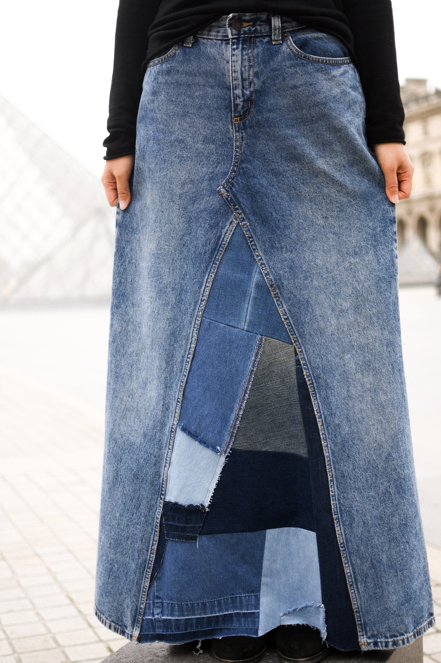 Handmade 1 Of 1 Upcycled Patchwork Triangle Denim Long Skirt With Only One One Size Small Size Medium