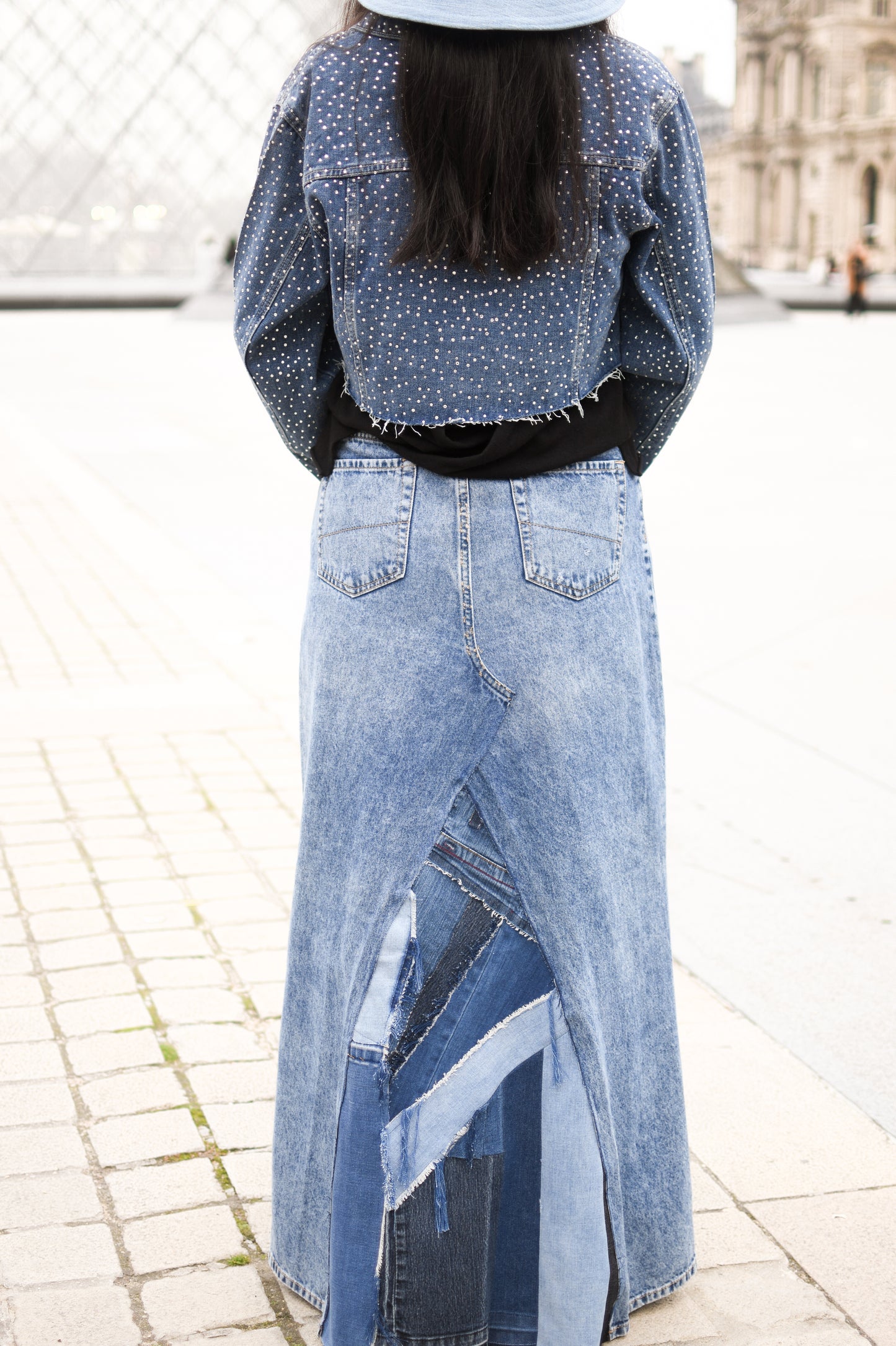 Handmade 1 Of 1 Upcycled Patchwork Triangle Denim Long Skirt With Only One One Size Small Size Medium