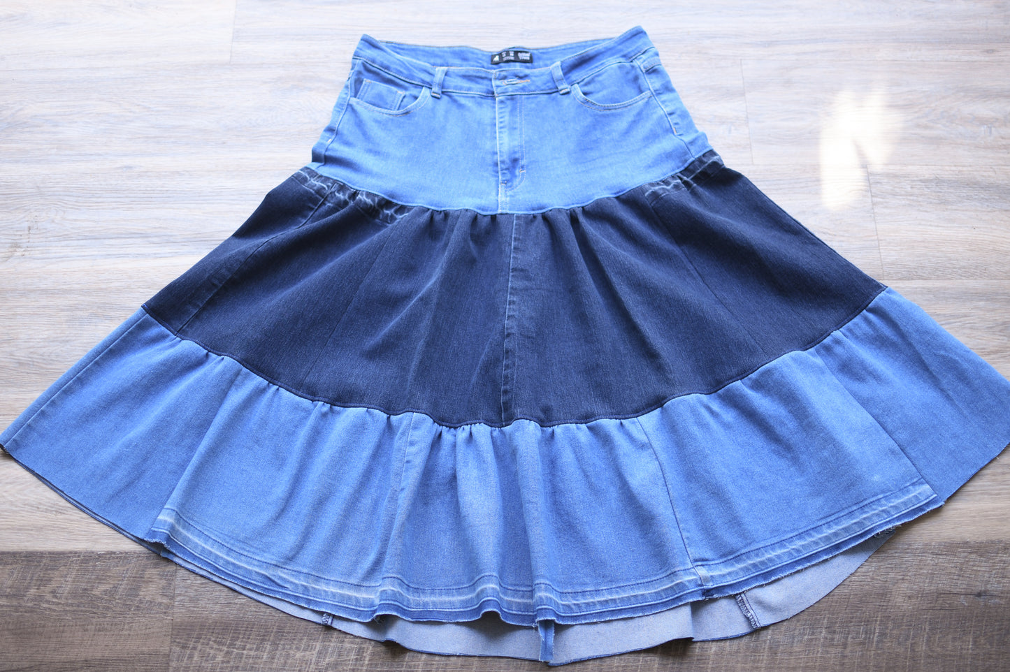 Handmade Upcycled Two Section Gathered  Denim Long With Original Pockets Only One Size XL