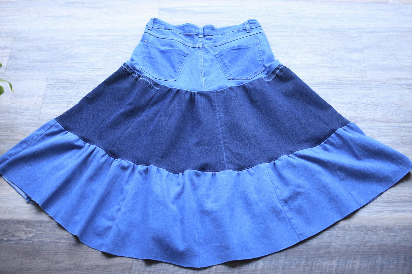 Handmade Upcycled Two Section Gathered  Denim Long With Original Pockets Only One Size XL
