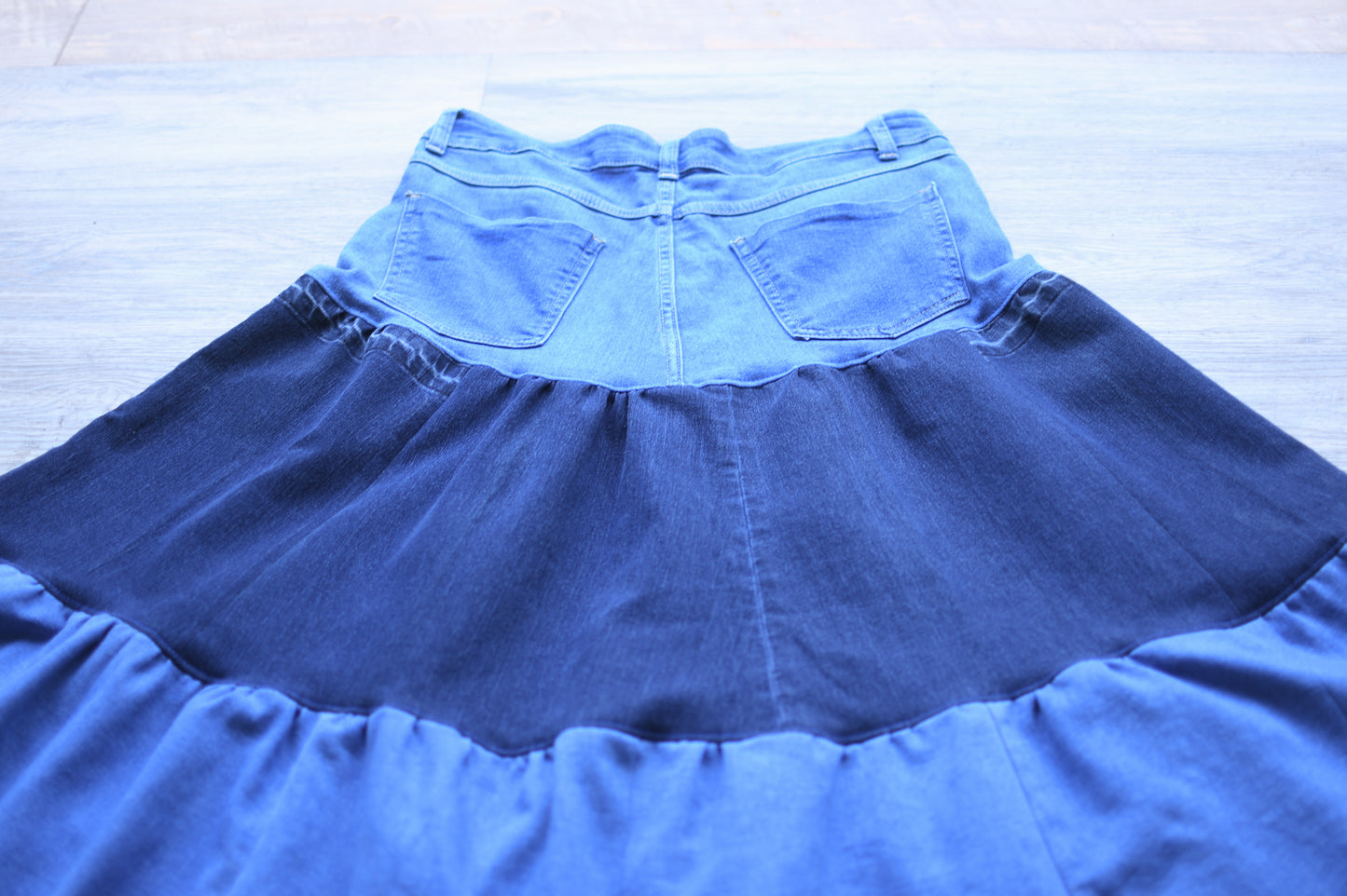 Handmade Upcycled Two Section Gathered  Denim Long With Original Pockets Only One Size XL
