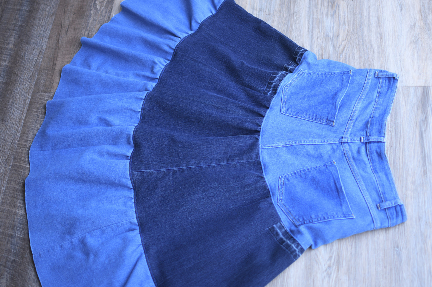 Handmade Upcycled Two Section Gathered  Denim Long With Original Pockets Only One Size XL