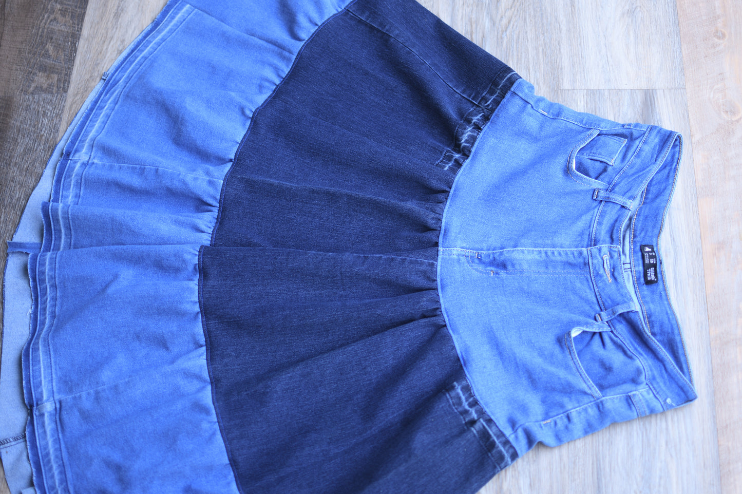 Handmade Upcycled Two Section Gathered  Denim Long With Original Pockets Only One Size XL